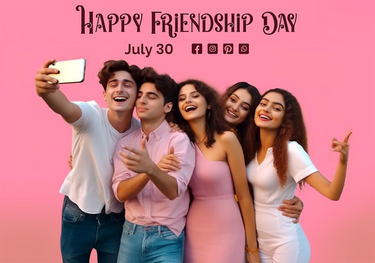 PSD friendship day concept group of friends happily taking a selfie scene on pink background