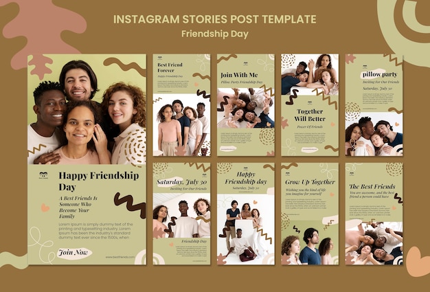 PSD friendship day instagram stories collection with abstract shapes and leaves