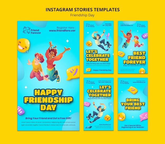 Friendship day instagram stories collection with cartoon people jumping in the air