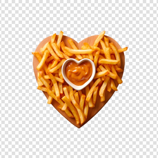 PSD fries met saus op een hartvormig houten bord