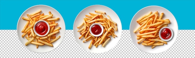 Frieten met ketchup op witte plaat bovenaanzicht met transparante achtergrond Generatieve AI