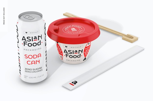 Frisdrankblikje met voedselcontainer Mockup perspectief
