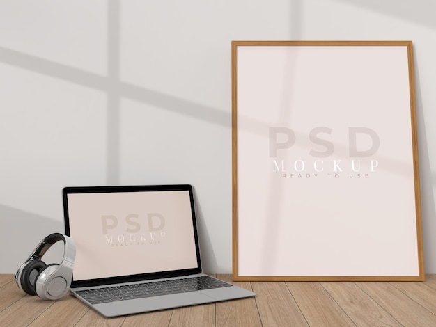 Frisse minimale woonkamer met blanco frame psd-mockup