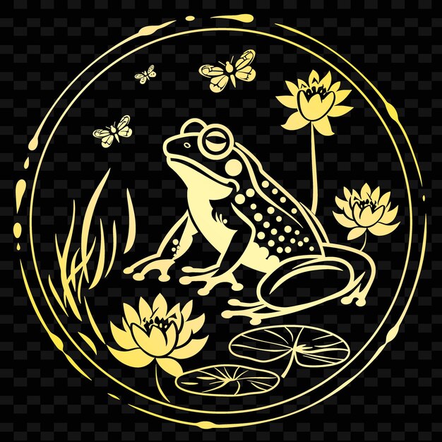 A frog and flowers and butterflies are on a black background