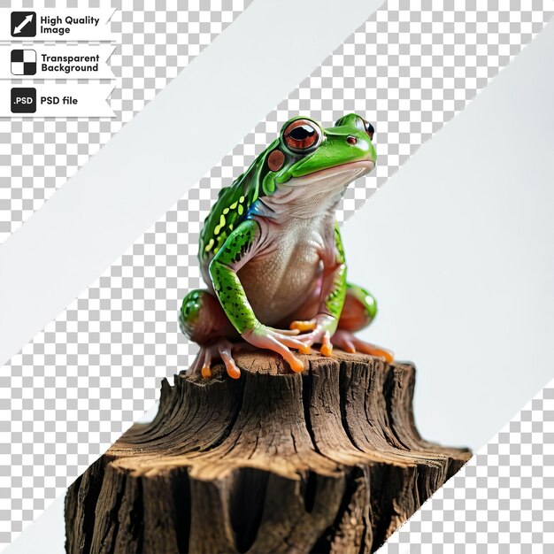 PSD a frog sits on a log with a picture of a frog on it