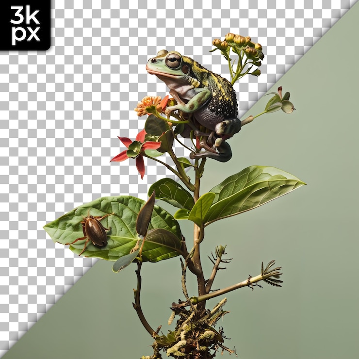 PSD a frog sits on a plant with a flower and the letter p on it