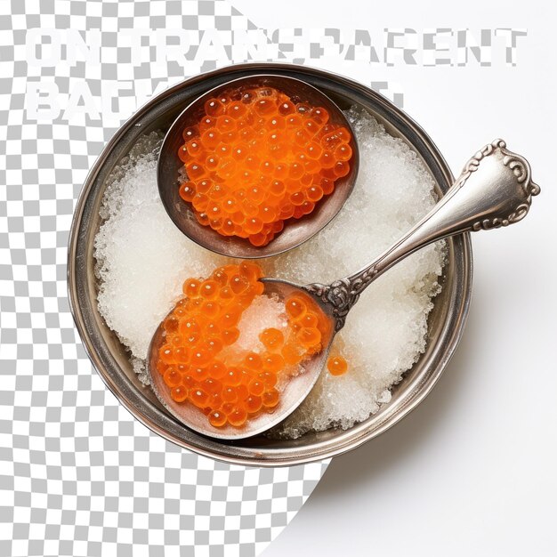 PSD from above orange tobiko caviar served on silver plate with ice with spoon on transparent background