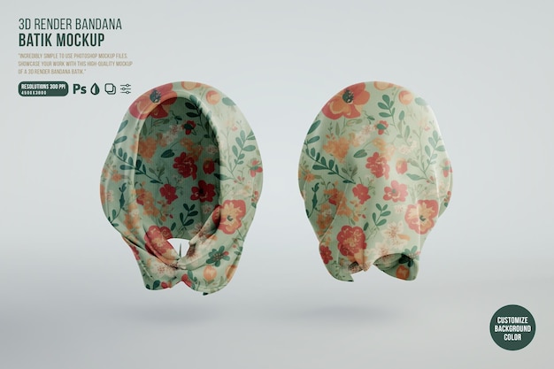 PSD modello di mockup di sciarpa batik bandana da donna con vista laterale anteriore e posteriore