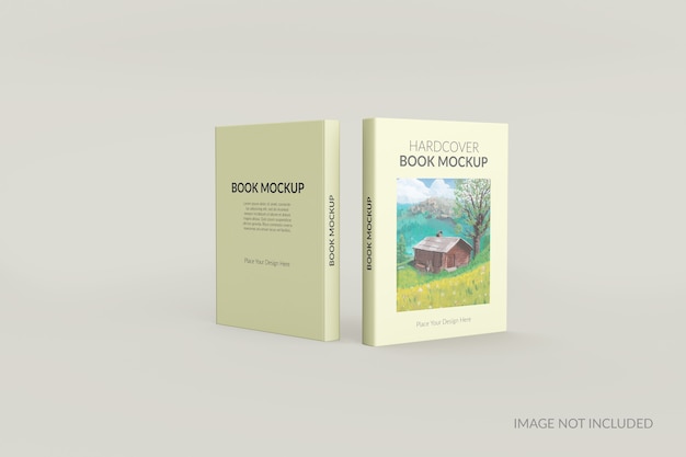 Front and back view of hardcover book standing mockup