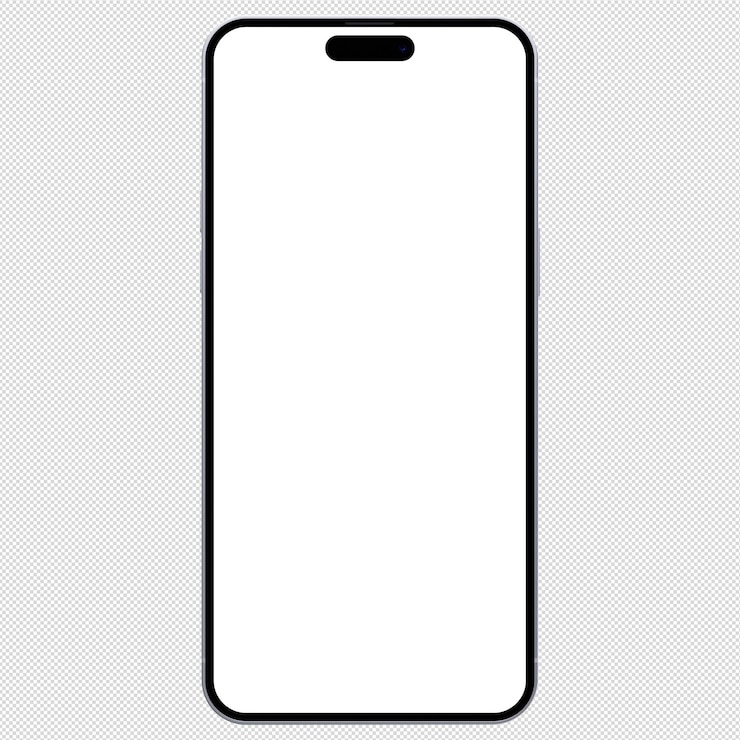 PSD front side view photo of silver smartphone or mobile phone without background template for mockup