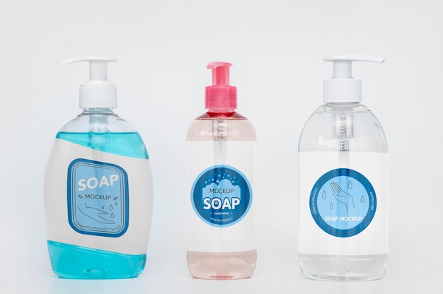 Front view of assortment of bottles of liquid soap