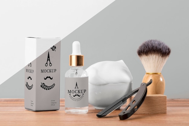 PSD front view of barbershop products with brush and serum