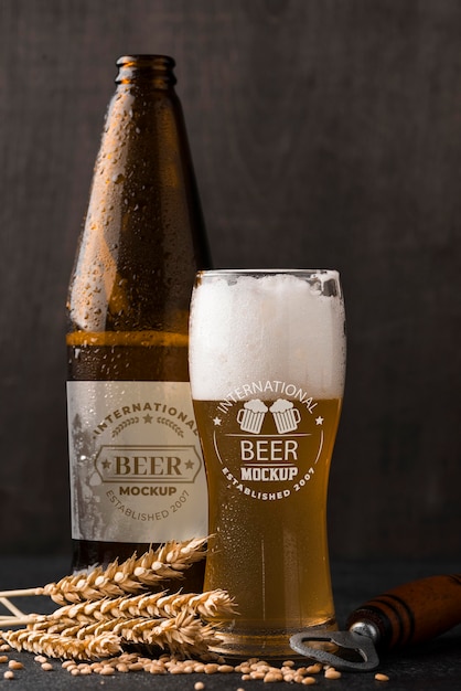 PSD front view of beer glass and bottle with barley