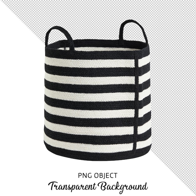 PSD front view of black and white striped cloth basket organizer on transparent background