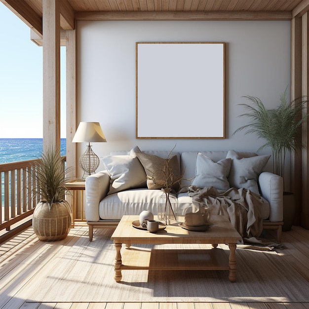 PSD front view of blank canvas mockup in beachhouse in summertime with minimal decor