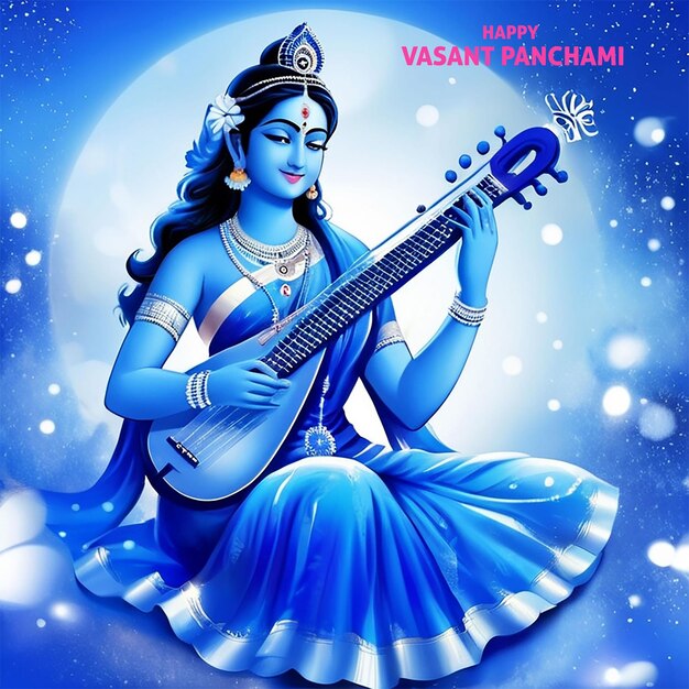 PSD front view blauw idol van godin saraswati met veena