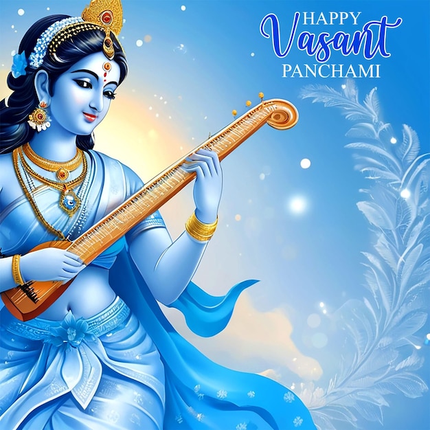 PSD front view blue idol of goddess saraswati with veena