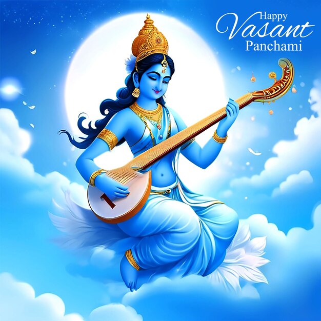 PSD front view blue idol of goddess saraswati with veena