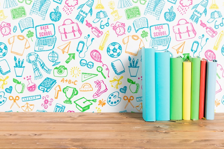 PSD front view books with colourful background