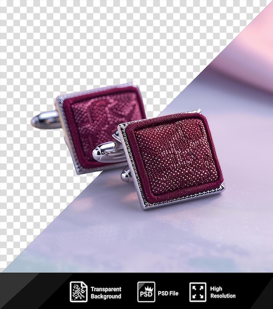 PSD front view capture a pair of cufflinks burgundy silver material fabric label png clipart png