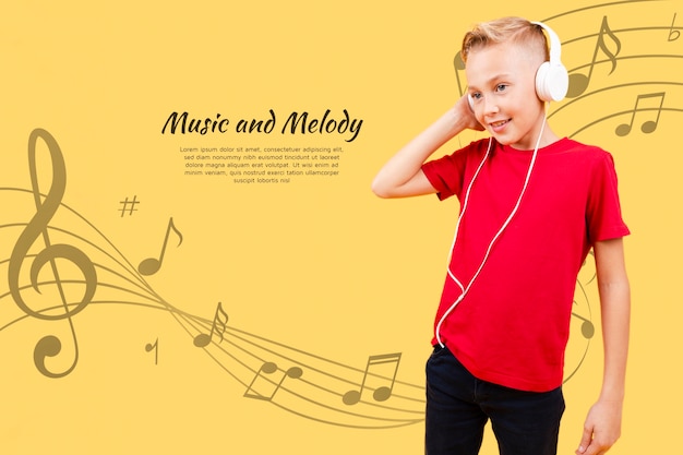 PSD front view of child listening to music on headphones