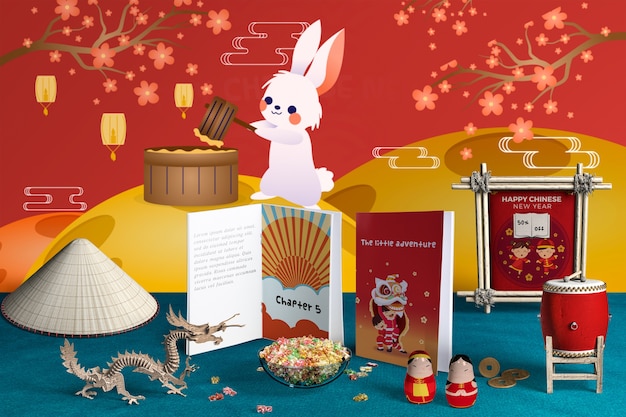 PSD Вид спереди китайское новогоднее украшение и книги