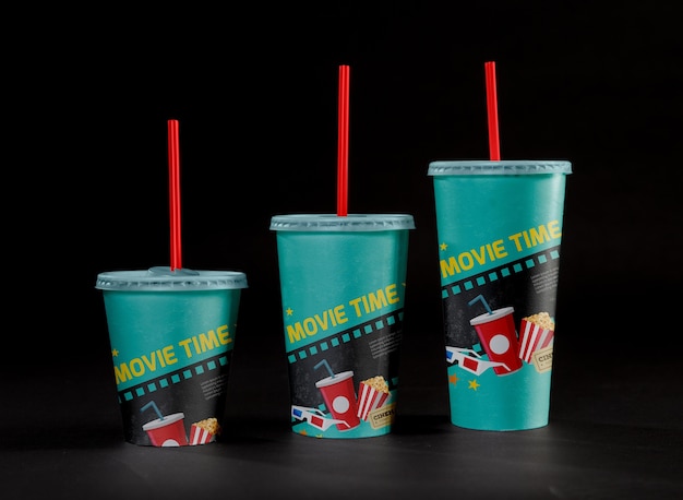 PSD front view of cinema cups with straws