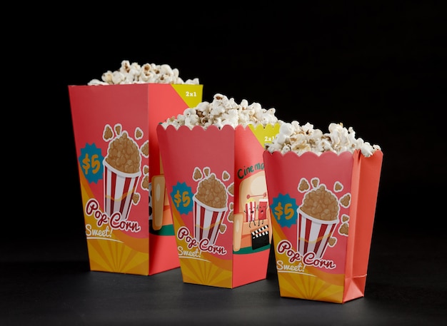 PSD vista frontale del popcorn cinema in ordine crescente