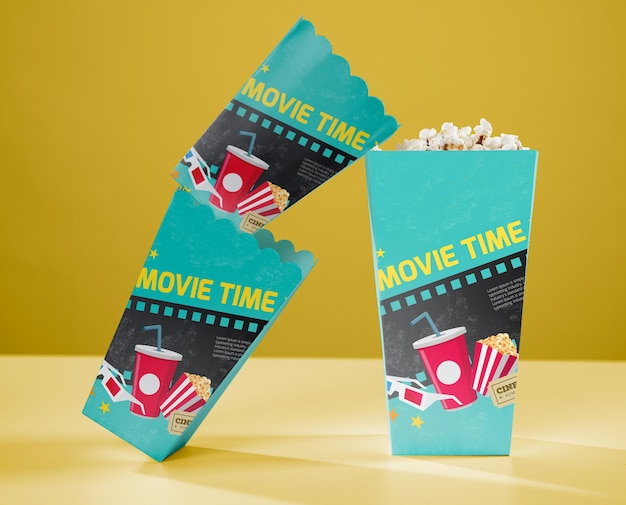 Front view of cinema popcorn cups