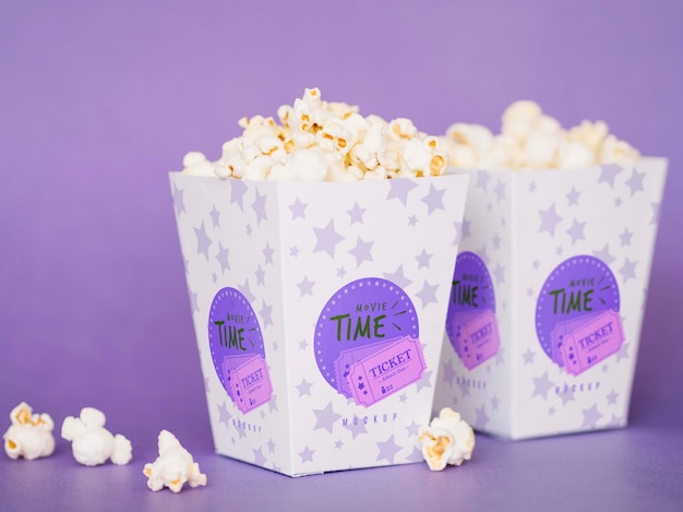 front view of cinema popcorn in cups
