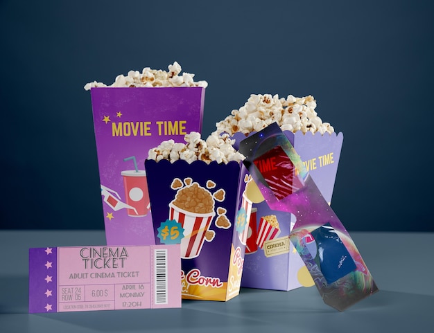front view of cinema popcorn with threedimensional glasses