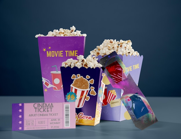 Front view of cinema popcorn with threedimensional glasses