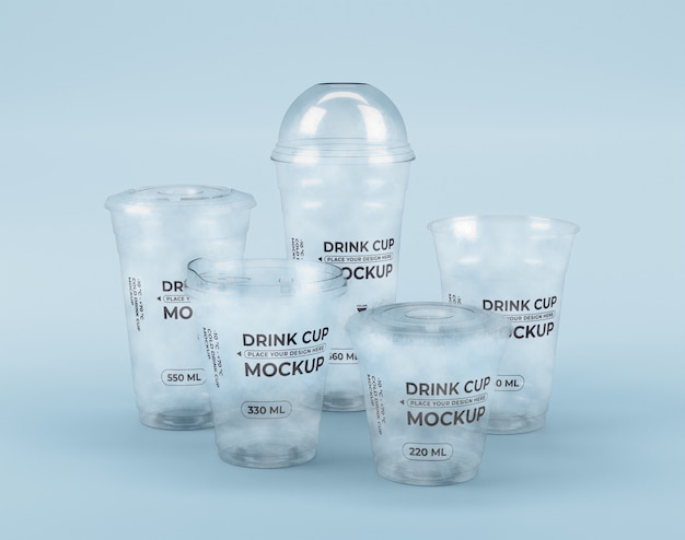 PSD front view of clear plastic cups mock-up