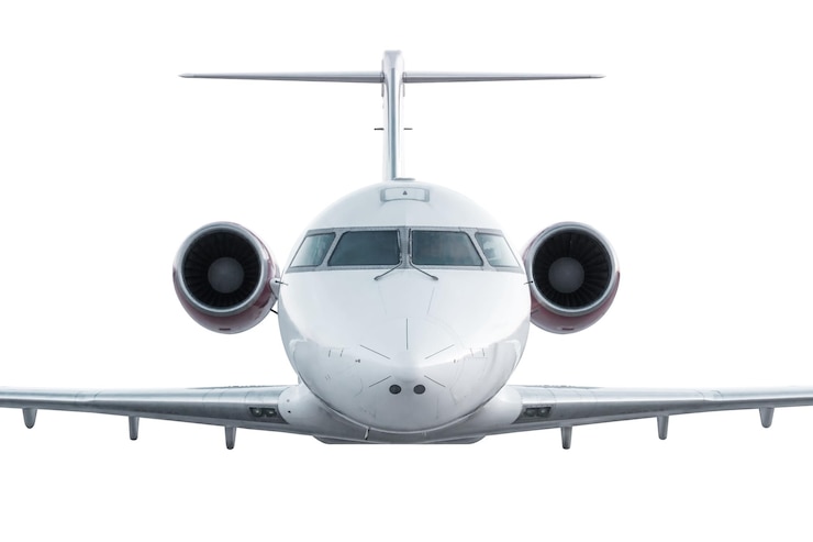 PSD front view of the corporate aircraft fly isolated