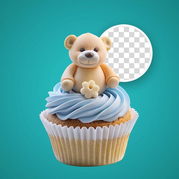 PSD vista anteriore di un adorabile bambino cupcake e un orsacchiotto