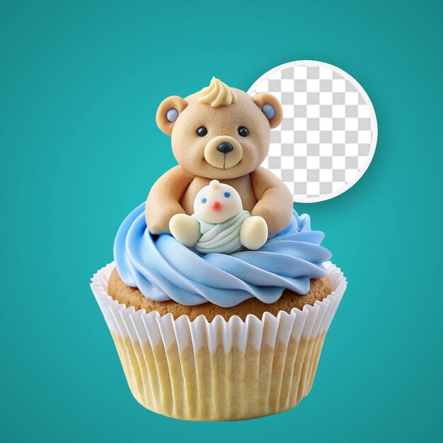 Front view of cute little baby boy cupcake and teddybear