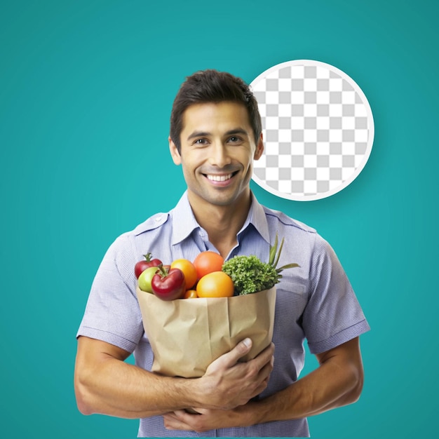 PSD front view of delivery man with grocery bag and thumbs up