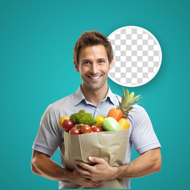 PSD front view of delivery man with grocery bag and thumbs up