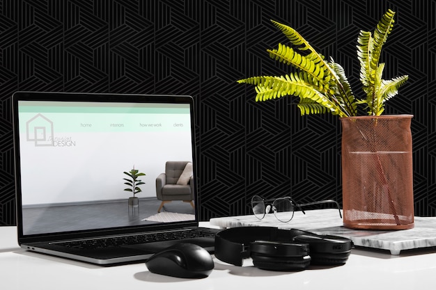 Front view of desk with laptop and plant