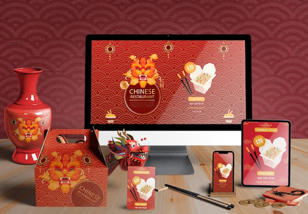 Front view digital devices and gifts for chinese new year