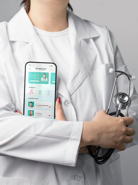 Front view doctor holding device and stethoscope