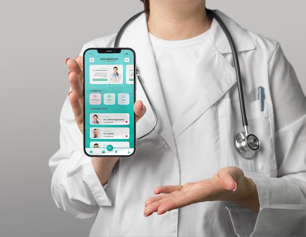 Front view doctor holding smartphone