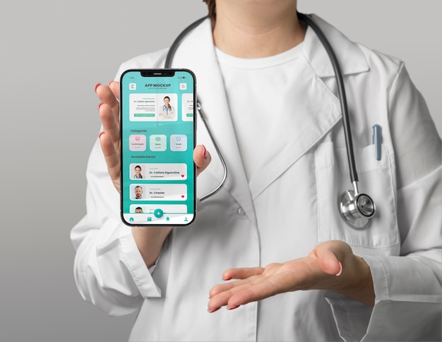 PSD front view doctor holding smartphone