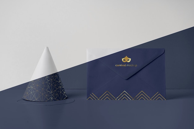 Front view of envelope with carnival invitation and cone