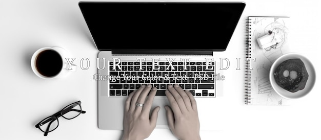 PSD front view of female hands working on laptop with blank white screen standing on the white office desk