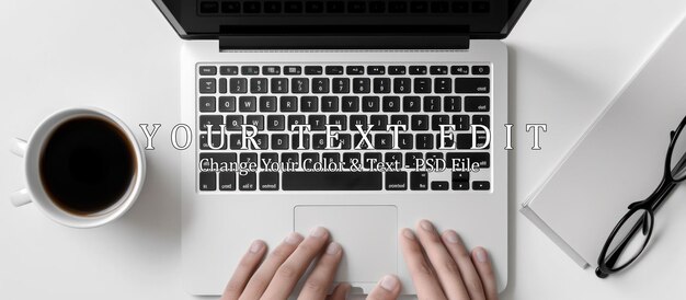 PSD front view of female hands working on laptop with blank white screen standing on the white office desk