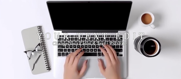 PSD front view of female hands working on laptop with blank white screen standing on the white office desk