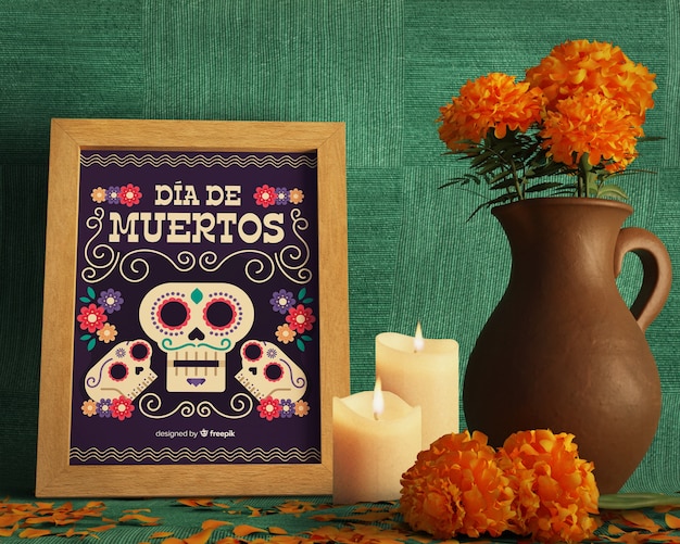 front view floral skull mock-up on green background