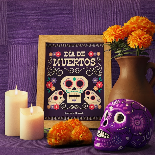 PSD front view floral skull mock-up on violet background