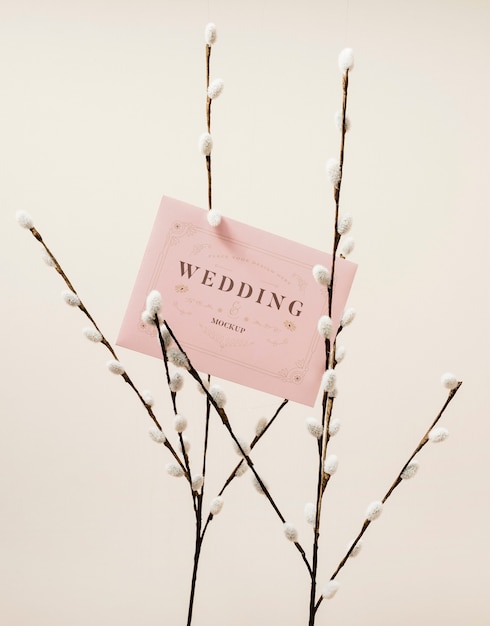 PSD front view of flowers with wedding card